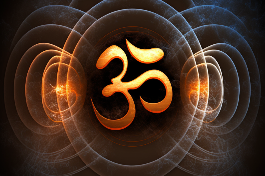 Hindu om symbol against a smoky backdrop. Sound waves emanating from the symbol give a sense of the vibrations coming from sounding out om.