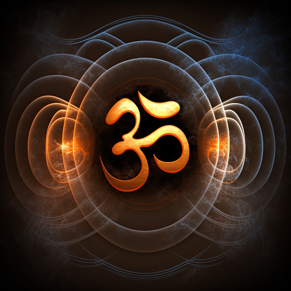 Hindu om symbol against a smoky backdrop. Sound waves emanating from the symbol give a sense of the vibrations coming from sounding out om.