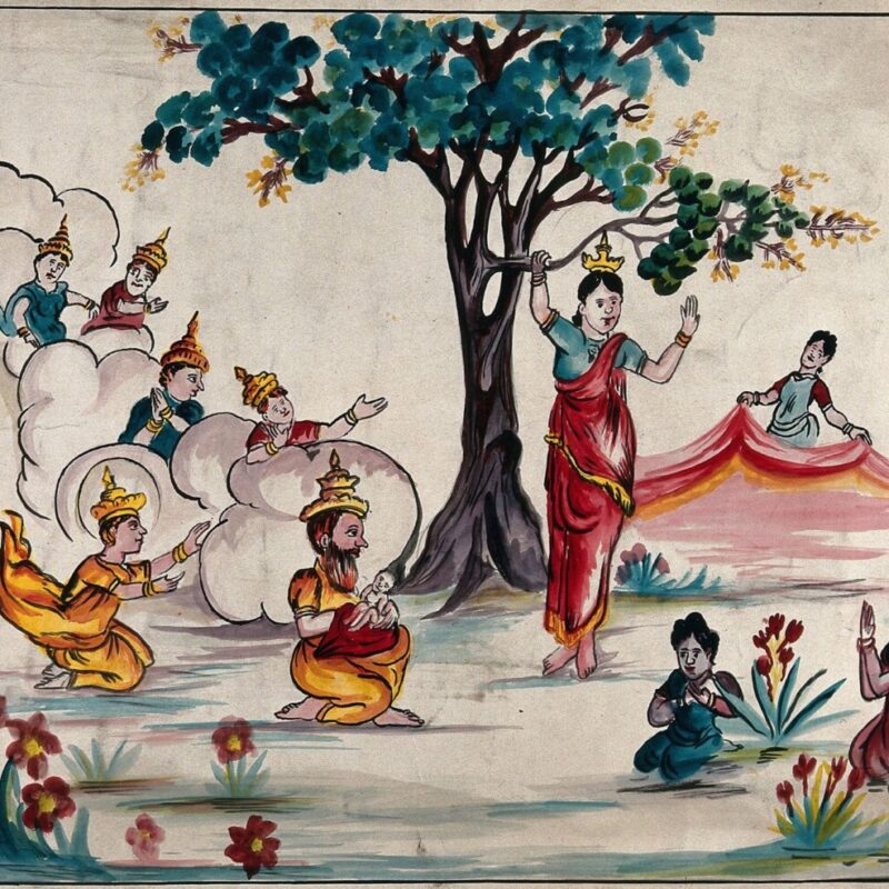 Various servants watch as Buddha is born to Queen Maya under a tree in a grove.