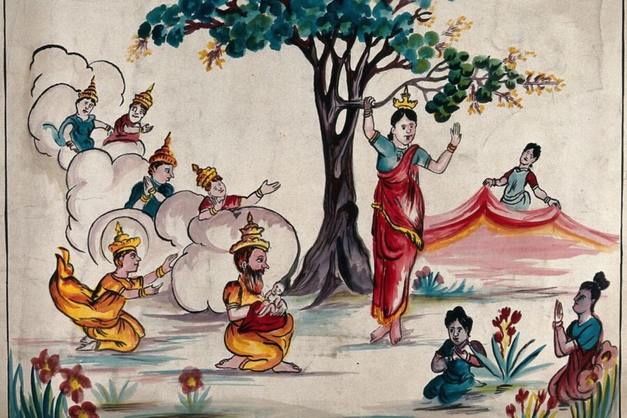 Various servants watch as Buddha is born to Queen Maya under a tree in a grove.