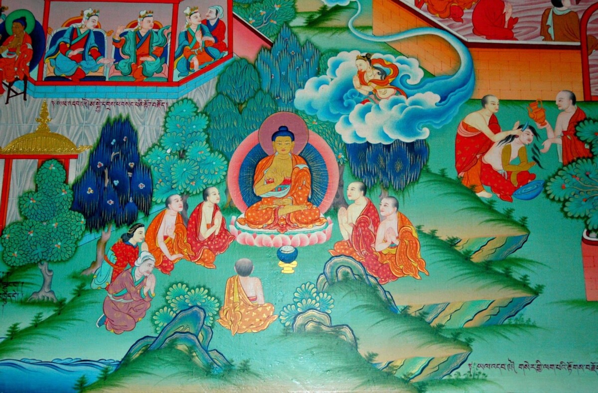 Various devotees surround Siddhartha Gautama (now revered as the Buddha) as he teaches them what he realized during his night of awakening
