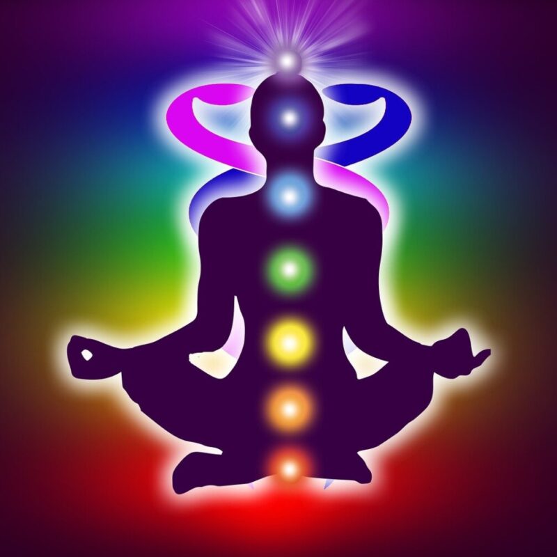 A meditative figure sits in a lotus position, vibrant with the chakras, or psychic centers of spiritual realization.
