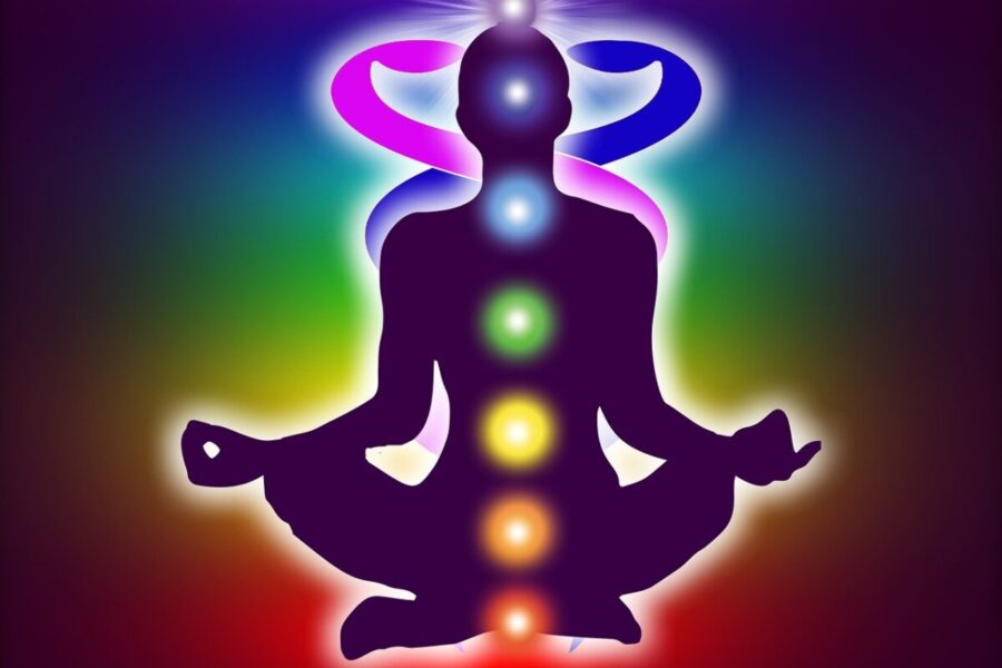 A meditative figure sits in a lotus position, vibrant with the chakras, or psychic centers of spiritual realization.