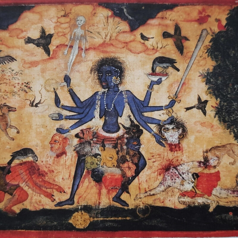 Goddess Chamunda, the raw and untamed manifestation of Durga, stands surrounded by birds and beasts, holding the decapitated heads of Chanda and Munda in her hands