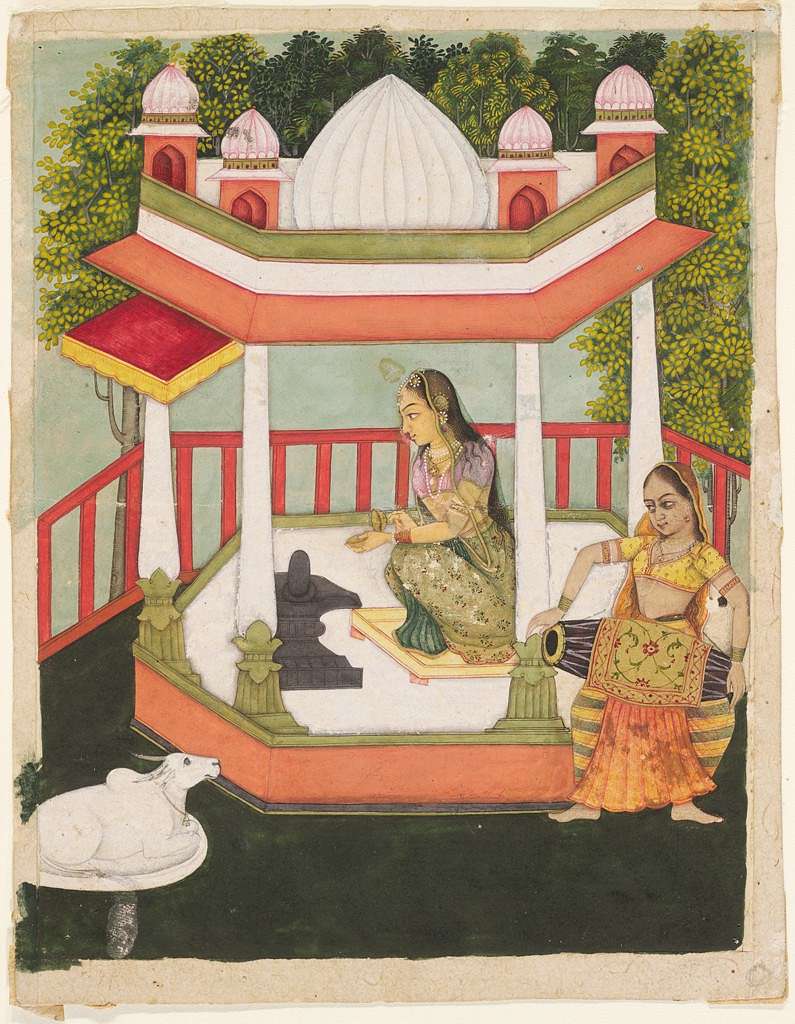 An 18th-century painting of a woman offering water to a Shiva linga inside a temple pavilion. She is richly adorned in green and gold, while another woman in striped clothing plays a drum nearby. A white bull, Nandi, rests outside, and trees surround the domed temple structure.
