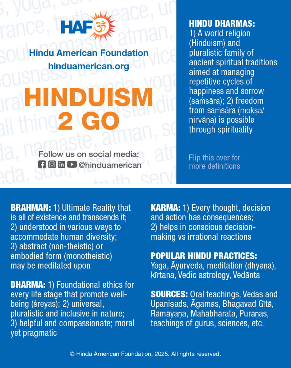 Informational card from the Hindu American Foundation titled ‘Hinduism 2 Go’, with key definitions of Hindu concepts like dharma, karma, and brahman, popular practices, and sources of Hindu teachings