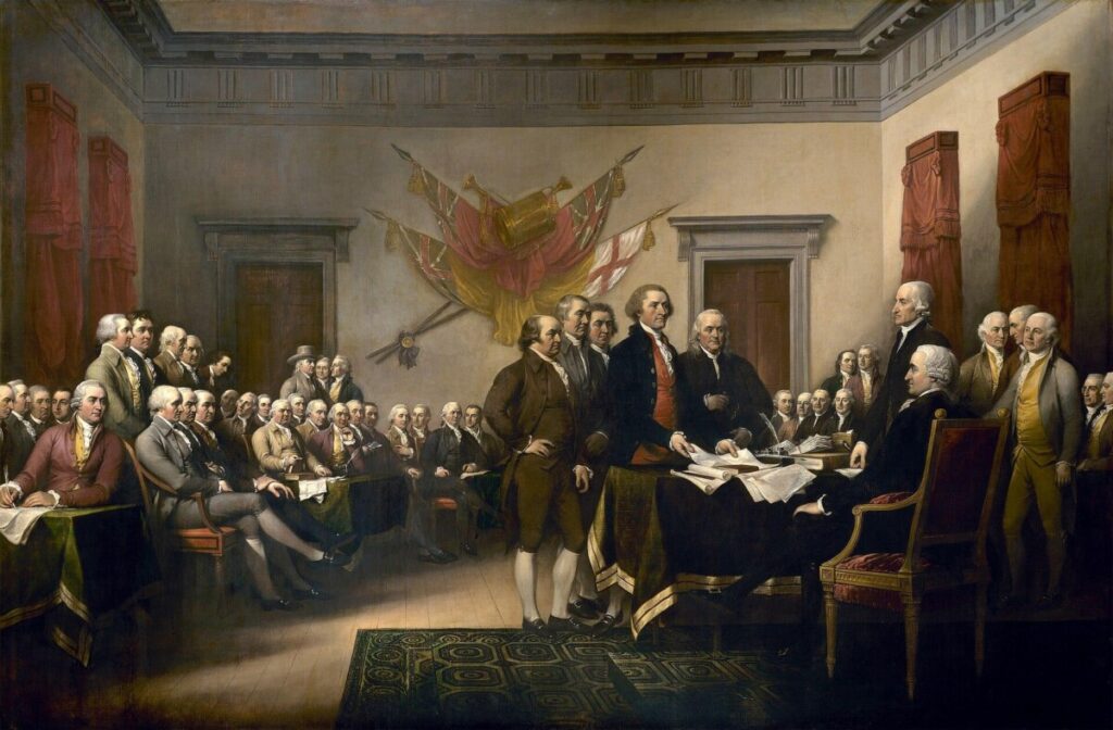 Declaration of Independence,” depicting the Continental Congress gathered in a formal chamber as the draft is presented