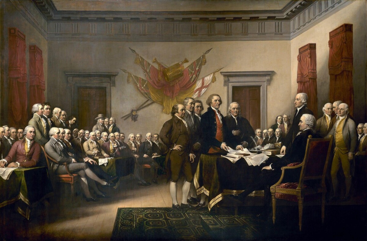 Declaration of Independence,” depicting the Continental Congress gathered in a formal chamber as the draft is presented