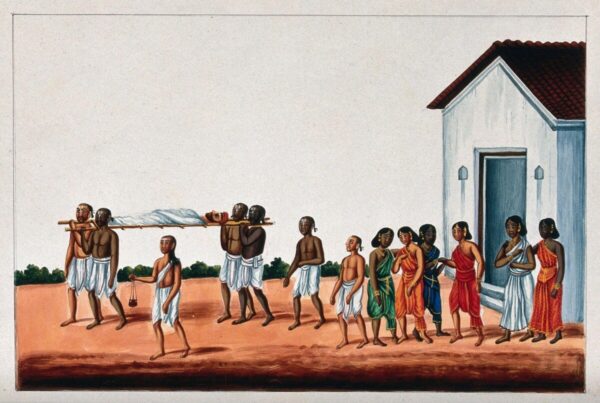 Historical Indian painting depicting a Hindu funeral procession, with men carrying a shrouded body on a bamboo bier away from a house, followed by relatives in traditional dhotis and saris.
