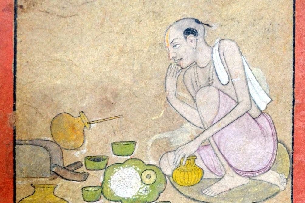 An Indian painting showing the Sraddha feast served on a traditional leaf plate with ceremonial vessels.